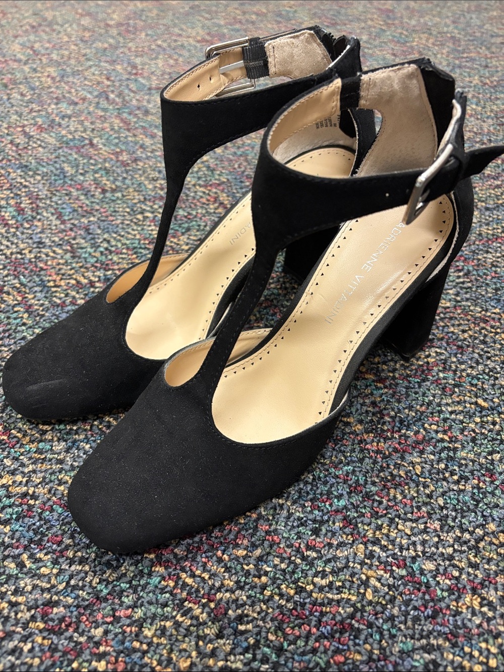 Adrienne Vittadini Black T-Strap Block Heels with Ankle Buckle
